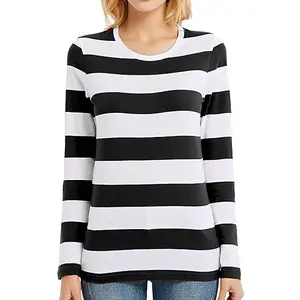 Black white striped t shirts custom 100% cotton yarn dyed women slim fit long sleeve t shirts