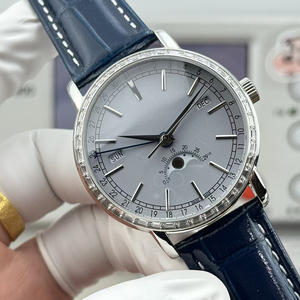 Premium Luxury White Dial Silver <b>Case</b> Baguette Diamond Bezel Mechanical Wristwatch Men Moonphase Blue Strap Timepiece - Product Image 1