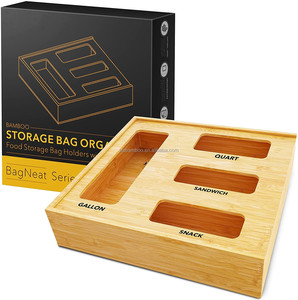 Wood kitchen ziplock baggie dispenser bamboo ziplock bag storage organizer and dispenser