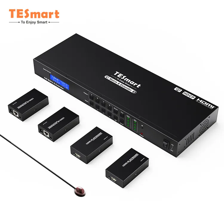 مصفوفة Hdmi 4x4 4k من TESmart مع جهاز إرسال تدعم إشارات الأشعة تحت الحمراء وRS232 وتتحكم في LAN مصفوفة HDMI خارجية 4 في 8 مع مُمدِد