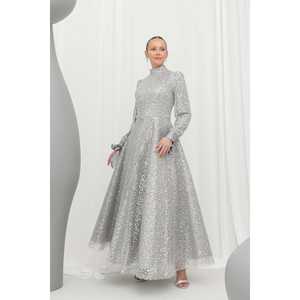 Robe de soirée élégante pour femme, col montant, taille empire, coupe trapèze, en organza, avec superposition transparente, longue robe bleu marine - Product Image 5