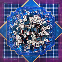 Tuiles de Mahjong américaines en acrylique à trois couches, bleu marine, rouge, blanc, avec tapis de Mahjong imprimé à carreaux bleu marine et motifs floraux, pour soirée de jeu