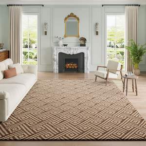 Tapis de sol rectangulaire marron à motif géométrique en mélange polyester-coton lavable pour la décoration intérieure du salon - Product Image 5