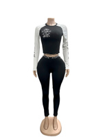 F1561-2026 Nouvel ensemble deux pièces décontracté pour femme, tendance, avec haut court à manches longues imprimé lettres et pantalon