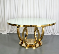 Table de mariage ronde en acier inoxydable doré avec plateau en verre trempé blanc, table de banquet de luxe pour location événementielle