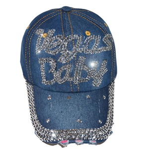 Vegas Babay Sporty 5-Panel Hat Custom Logo Light Denim Jeans Wash Bling <b>Baseball</b> <b>Cap</b> with Rhinestones Common Fabric Feature - Product Image 2