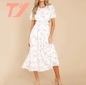 TUOYI Custom designer female high quality new fashion one piece lady summer wholesale women Hem white Puff Sleeve mini dress