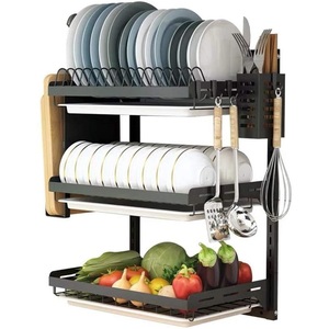 Scolapiatti a <span class=keywords><strong>3</strong></span> Ripiani con Cestello Portafrutta e Verdura, Vassoio di Drenaggio e Portaposate da Parete - Product Image 1