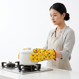 Yellow Polka Dot Cotton Oven Mitt Heat Insulated for Kitchen Use - Product Image 1