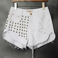 Pantalones cortos con remaches y borlas para mujer, Vaqueros blancos de algodón