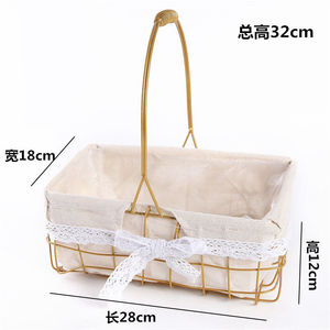 Metal <b>Flower</b> Basket 22Cm Diameter Gold <b>Wire</b> With Lace Liner For Living Room Decoration - Product Image 2