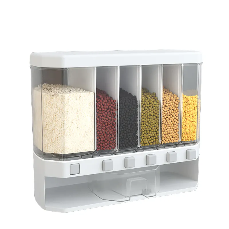 Contenedores de plástico para almacenamiento de cereales, contenedor de alimentos montado en la pared, dispensador de cereales, 6 rejillas