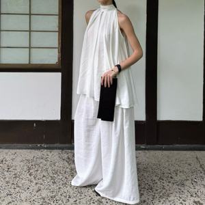 Conjunto largo de 2 piezas para mujer, de lino 100%, color liso, casual, con cuello halter, estilo midi, transfronterizo, con un toque de seducción y corte holgado. - Product Image 1