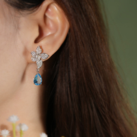 YBO Luxus Silber Ohrringe natürliche Birne blau Topas Edelstein Anhänger modische Iris Flower Drop Design für Hochzeits feier