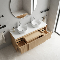 Mueble de Baño con Doble Lavabo para Montar en la Pared, con Gabinete de Madera Acanalada, Cajones de Almacenamiento Abiertos, Diseño Moderno para Proyectos Hoteleros