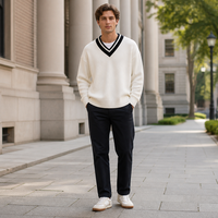 Pull en maille rayé col en V pour homme, style preppy, coupe oversize à épaules tombantes, pour cricket et tennis, vintage Ivy, anti-plis, hiver