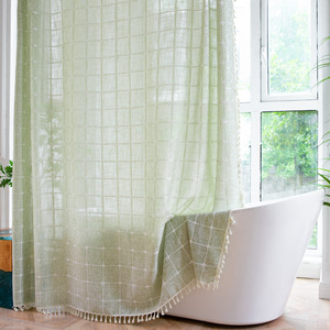 Boho Tassel Chic Modern Farmhouse Check Rideau de douche en coton épais et lin imperméable pour salle de bain - Product Image 4
