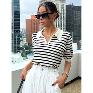 Women's Black and White Striped Polo Collar Short Sleeve 100% <b>Viscose</b> Knit <b>Top</b> - Product Image 2