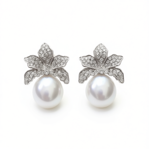 E2990 White Gold Stud <b>Earrings</b> With Seawater <b>Pearl</b> And Diamond Flower Design For Women Wedding Classic Style - Product Image 1