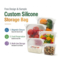 Sacs de conservation alimentaire en silicone réutilisables personnalisés avec logo, écologiques, marque privée, LFGB, fermeture magnétique, pour congélateur, taille et couleur personnalisables, vente en gros