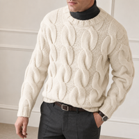 Pull-over en maille torsadée épaisse pour homme, style Old Money, col rond, manches longues, fabrication OEM/ODM sur mesure, vente en gros pour l'hiver