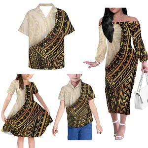 New Arrivals Fijian Design Print Custom Pattern Family Matching Dresses Men T Shirt Girls Dresses Boys Shirt Off Shoulder Dress