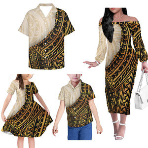 Gaun Pesta Desain Fijian untuk Pria Wanita, Baju Terusan Bahu Terbuka Motif Desain Kustom untuk Keluarga, Baju Anak Laki-laki dan Perempuan - Product Image 1