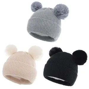 Groothandel Fleece Gevoerde Thicken Winter Hat Kids 100% Katoen Gebreide Double Faux Bont Pom Pom Mutsen Waggel Baby Hoeden