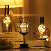 Noordse LED ijzeren wijnglas tafellamp met koperdraad, op batterijen, retro stijl, Valentijnsdag, bureaudecoratie, binnenverlichting