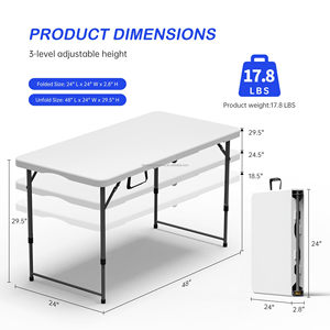 Table pliante de 4 pieds, portable, robuste, pliable en deux, en plastique, réglable en hauteur, avec poignée de transport - Product Image 6