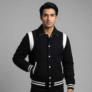 Custom <b>High</b> Quality Men's Winter Utility PU Windbreaker Coat Wool Body <b>Leather</b> Sleeves 100% Cotton Customizable Winter Jacket - Product Image 1