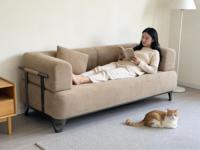 Canapé sectionnel mobile à roulettes en velours kaki clair, design moderne et minimaliste, compact, avec poignées en métal, pour écoles et parcs