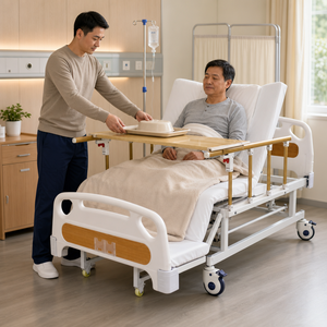 Lit médicalisé manuel à rotation latérale avec tête de lit en ABS, barrières latérales pliables, trou pour commode et poteau porte-perfusion - Product Image 5