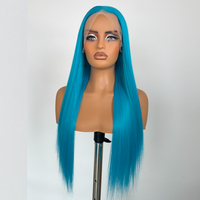 Wig Rambut Lurus Panjang Wanita Warna Biru 13x4 High-end, Terbuat dari Rambut Sintetis Tahan Panas, dengan Lace Crochet di Bagian Depan.