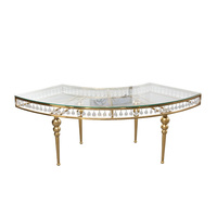 Table de banquet de mariage ovale moderne de luxe en acier inoxydable doré avec plateau en verre trempé pour événements hôteliers et réceptions