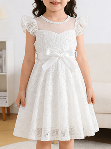 Vestido de Encaje con Mangas con Volantes y Cuello Transparente para Niñas, Vestido de <span class=keywords><strong>Primera</strong></span> Comunión con Lazo en la Cintura - Product Image 2