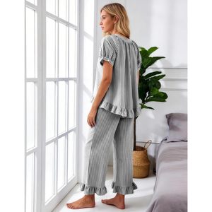 FOXA Womens Striped Pajama Set 2 Piece Cotton Ruffle Button <b>Down</b> Top Long <b>Pants</b> Soft Sleepwear With Pockets - Product Image 4
