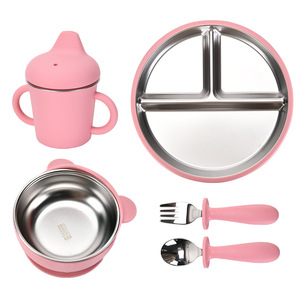 Ensemble de vaisselle en acier inoxydable pour bébé, avec bol, assiette, fourchette, cuillère, tasse à bec, 6 pièces, pour l'alimentation des nourrissons de 0 à 12 mois - Product Image 1