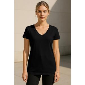 FOXA Camisetas de algodón elástico con cuello en V para mujer, manga corta, informales, básicas, color negro, paquete múltiple, talla M - Product Image 2