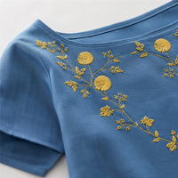 Robe décontractée pour femme, col bateau, manches courtes, broderie florale, robe midi, mélange de lin 200GSM, coupe trapèze, logo personnalisé OEM, robe décontractée