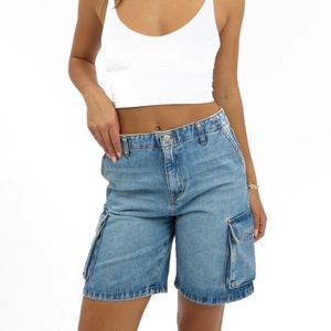 Hot Selling <b>High</b>-<b>waisted</b> Straight Casual Denim <b>Cargo</b> Shorts Women Regular Fit Button Patch Pockets Mid Wash Summer Shorts - Product Image 2