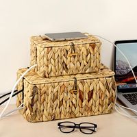 Boîte de rangement pour câbles tissée avec couvercle, panier organisateur en jacinthe d'eau, boîte organisatrice de câbles avec 2 fentes ouvertes pour bureau