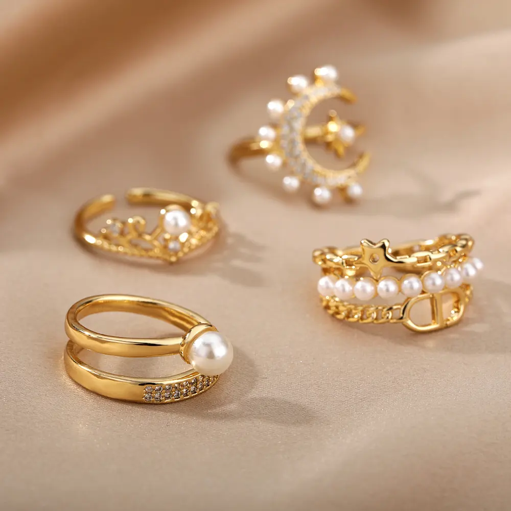 Fashion Pearl Rings With Zircon Double Crown Tripe Moon Star Finger Ring Accessories For Wedding Engagement Party Gift