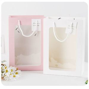 Bolsa de Papel de Regalo para Ramos de Flores de Lujo Personalizada, Bolsas de Papel de Regalo Blancas y Rosas para Ramos con Ventana - Product Image 1