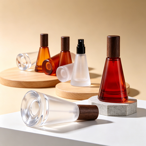 Flacon pulvérisateur cosmétique en verre ambré dépoli de 15 ml avec bouchon en bois, sérigraphie, pour huile capillaire, sérum, huiles essentielles - Product Image 1