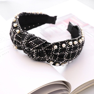 Ethnic Style Wide <strong>Headband</strong> for Fall and Winter <strong>Black</strong> and <strong>White</strong> Check Print - Product Image 2