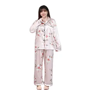 Autumn and Winter Pajamas Women's Ice Silk Long Sleeve Trousers Silk plus-Sized plus Size Women's Sleep Wear Sexy