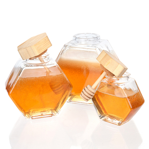 Pot De Miel De Miel Pot En Forme De Nid D'abeille En Verre Hexagonal Avec Louche En Bois et Couvercle En Bambou Vide 250ml 380ml <span class=keywords><strong>Cuisine</strong></span> Oem - Product Image 5