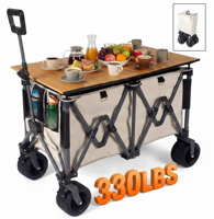 Chariot de camping extérieur grande capacité avec logo personnalisé, table intégrée, en tissu Oxford 600D, idéal pour pique-niques et festivals en famille