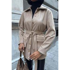 Chaqueta Camisera Midi de Gamuza con Cinturón para Mujer, Estilo Utilitario, Manga Larga, Otoño, Beige, Talla L - Product Image 4